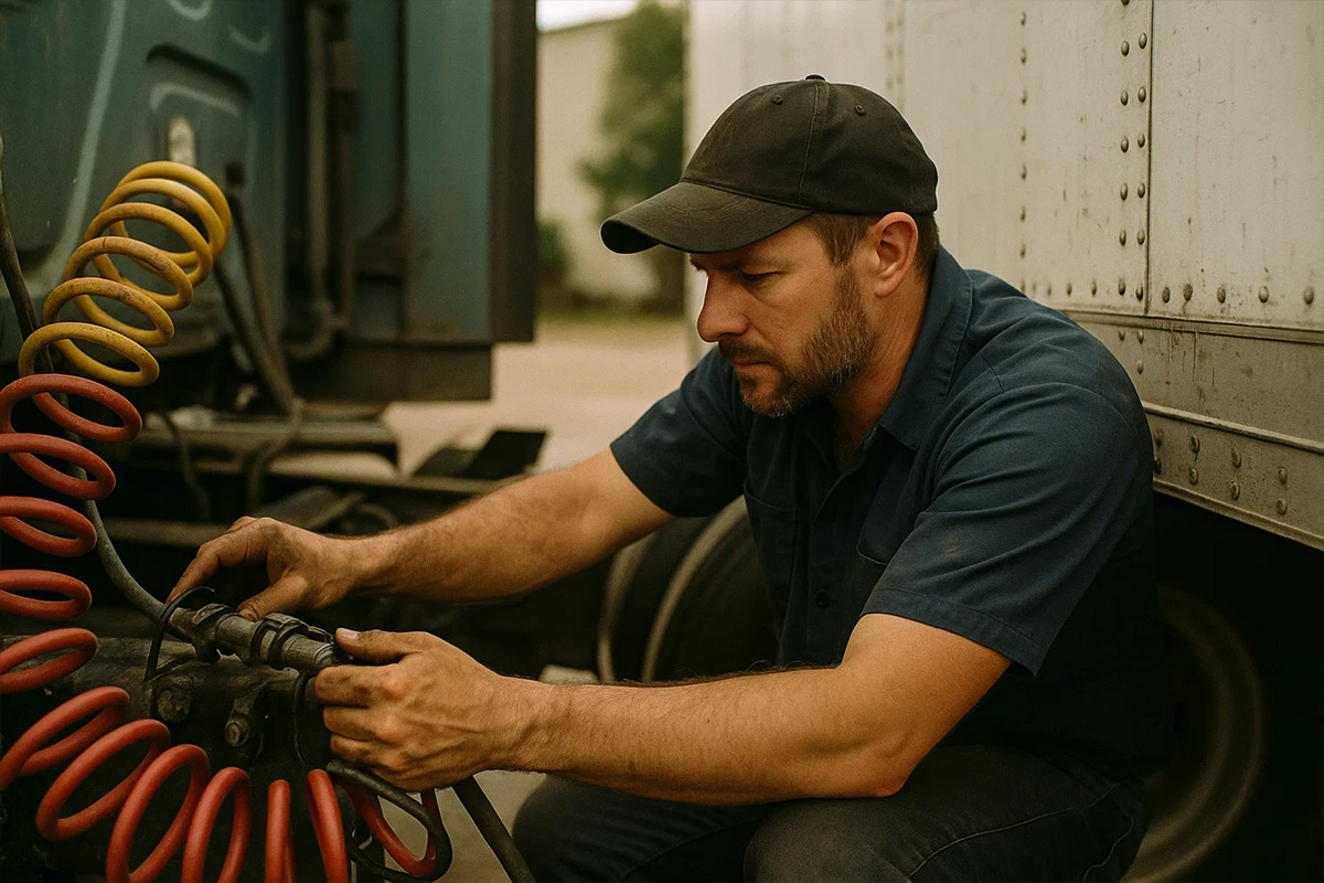 diesel mechanic checking glad hand fittings at Coppertop Truck Repair