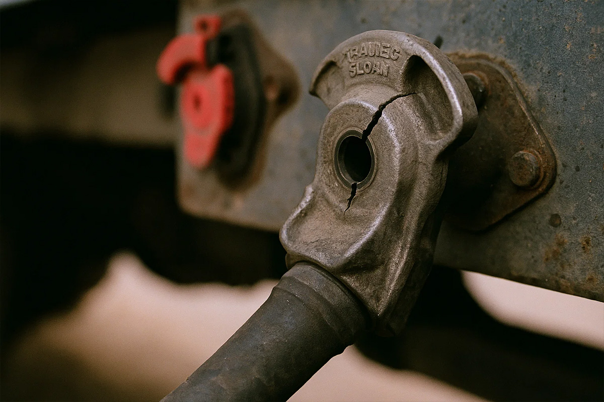 worn out glad hand connector requiring replacement at Coppertop Truck Repair