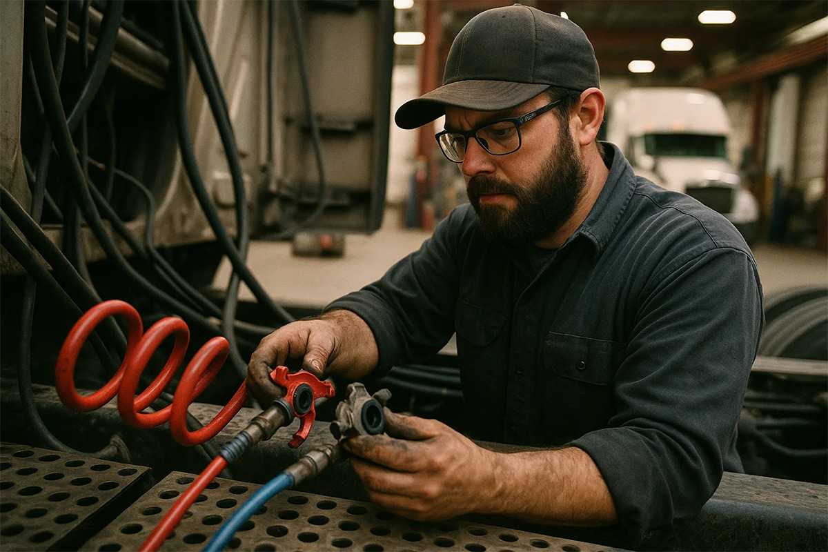 Coppertop technician performing glad hand replacement on semi-truck